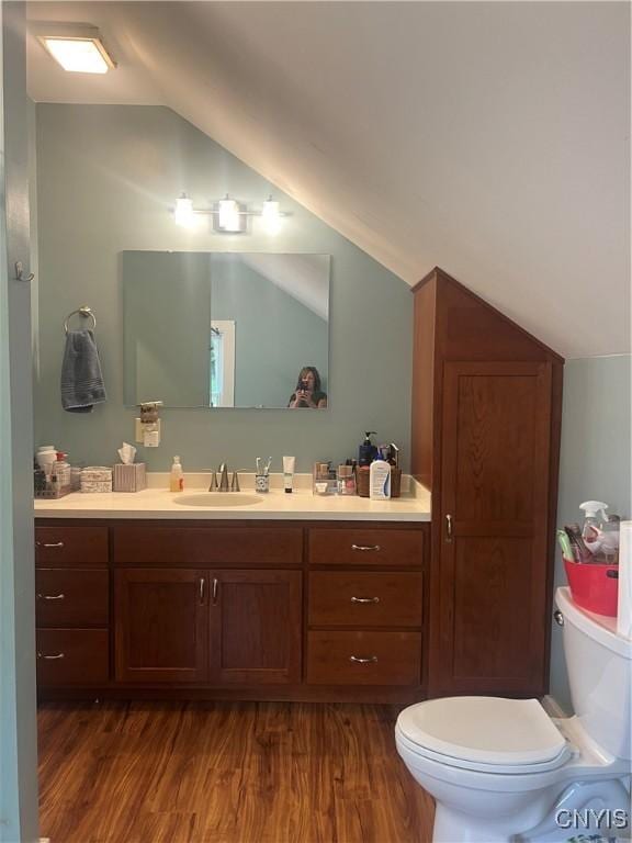 6265 Haslauer Rd, Stockbridge, NY 13409 - bathroom with lofted ceiling, vanity, toilet, and wood finished floors