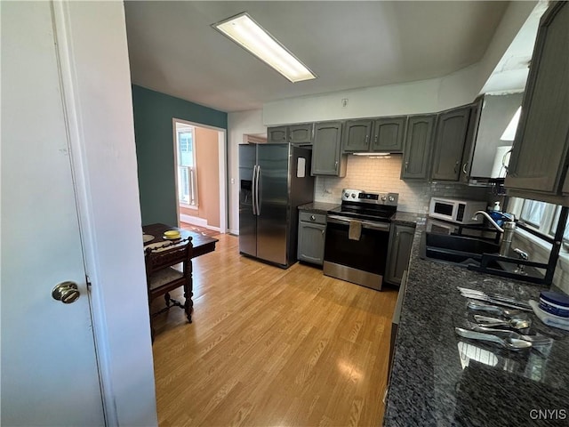 109 State St, Seneca Falls, NY 13148 - kitchen featuring appliances with stainless steel finishes, light wood finished floors, gray cabinets, tasteful backsplash, and a sink