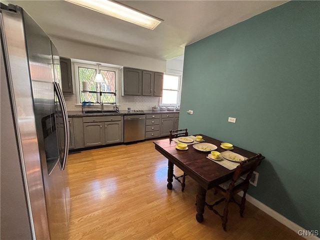 109 State St, Seneca Falls, NY 13148 - kitchen with appliances with stainless steel finishes, dark countertops, gray cabinetry, light wood-style flooring, and backsplash