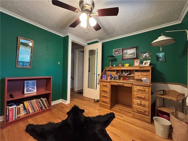 21 Curtis Rd, Hamilton, PA 16333 - office area featuring light wood-style flooring, a textured ceiling, ornamental molding, and ceiling fan