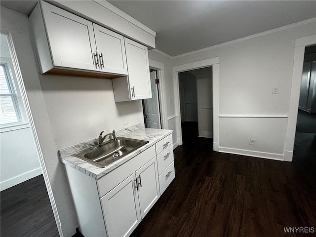 228 Weiss St, Buffalo, NY 14206 - kitchen featuring a sink, dark wood finished floors, light countertops, white cabinetry, and baseboards