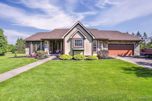 4590 Beach Ridge Rd, Pendleton, NY 14094 - view of front of property featuring stone siding, driveway, a front yard, an attached garage, and a porch