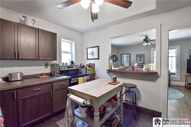 8 Terrace St, Westfield, NY 14787 - kitchen with a ceiling fan, stainless steel range with electric stovetop, dark countertops, and dark brown cabinets