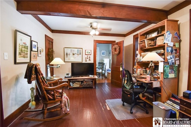 8 Terrace St, Westfield, NY 14787 - office space featuring beam ceiling, hardwood / wood-style floors, ceiling fan, and baseboards