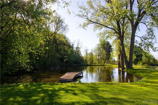 4748 Thrall Rd, Cambria, NY 14094 - dock area featuring a water view, a lawn, and a forest view