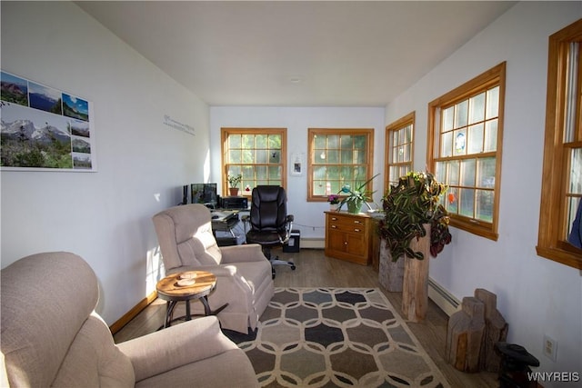 4748 Thrall Rd, Cambria, NY 14094 - office area featuring light wood finished floors, a baseboard heating unit, and baseboard heating