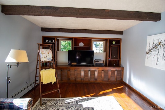 4748 Thrall Rd, Cambria, NY 14094 - living room with a baseboard heating unit, wood finished floors, beamed ceiling, and baseboards