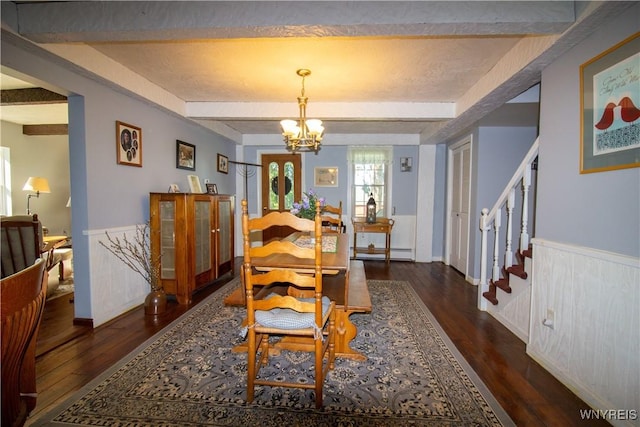 4748 Thrall Rd, Cambria, NY 14094 - dining area featuring wood finished floors, stairs, a chandelier, baseboard heating, and beamed ceiling