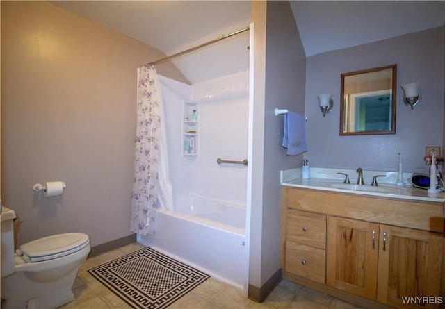 4748 Thrall Rd, Cambria, NY 14094 - bathroom featuring vaulted ceiling, toilet, vanity, baseboards, and shower / bathtub combination with curtain