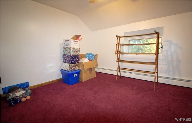 4748 Thrall Rd, Cambria, NY 14094 - miscellaneous room featuring lofted ceiling, carpet floors, a baseboard heating unit, and baseboards