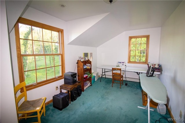 4748 Thrall Rd, Cambria, NY 14094 - living area with carpet, baseboards, baseboard heating, and vaulted ceiling