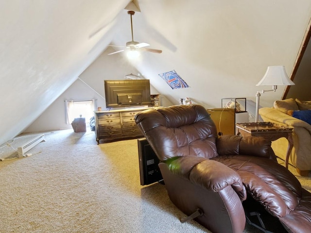 1459 Culver Rd, Rochester, NY 14609 - living area with vaulted ceiling, light colored carpet, and ceiling fan