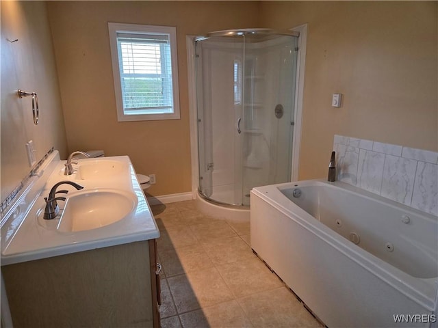 9600 Vermont View Rd, Machias, NY 14101 - bathroom with a shower stall, a tub with jets, double vanity, tile patterned floors, and baseboards