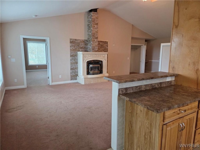 9600 Vermont View Rd, Machias, NY 14101 - kitchen featuring vaulted ceiling, dark countertops, open floor plan, baseboards, and light colored carpet
