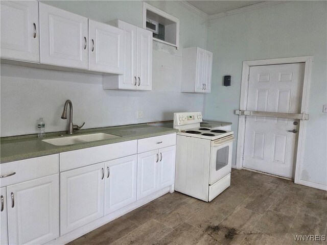 9600 Vermont View Rd, Machias, NY 14101 - kitchen with white range with electric cooktop, a sink, white cabinets, and ornamental molding