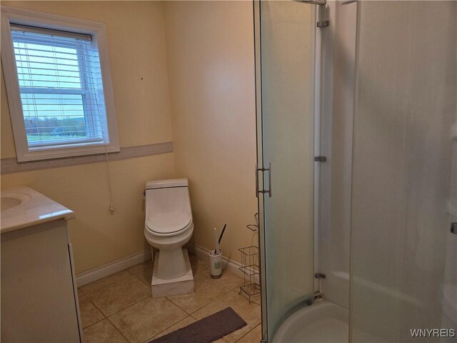 9600 Vermont View Rd, Machias, NY 14101 - full bath with a shower stall, baseboards, vanity, and tile patterned floors