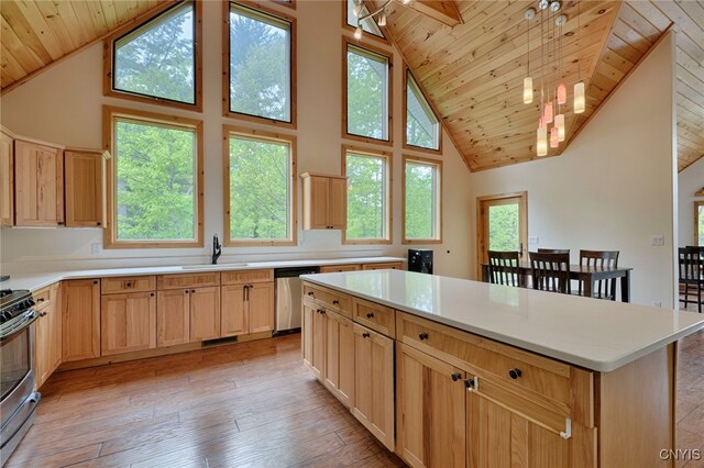 20172 Blue Heron Ln, Alexandria, NY 13607 - kitchen featuring wood ceiling, a sink, light brown cabinets, high vaulted ceiling, and stainless steel appliances
