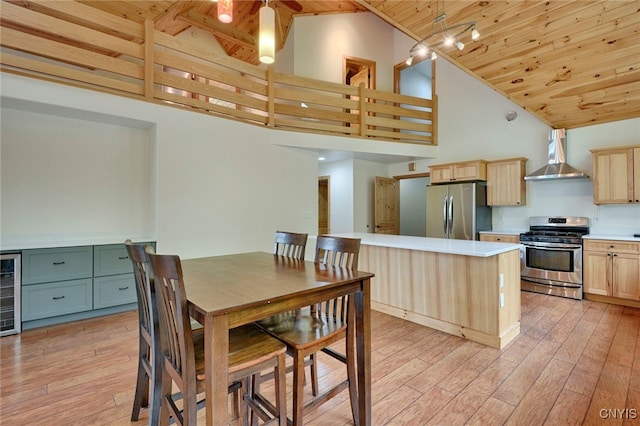 20172 Blue Heron Ln, Alexandria, NY 13607 - dining space with wood ceiling, high vaulted ceiling, beverage cooler, and light wood-type flooring