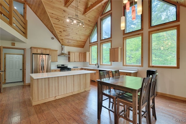 20172 Blue Heron Ln, Alexandria, NY 13607 - kitchen featuring appliances with stainless steel finishes, light brown cabinets, high vaulted ceiling, light countertops, and wall chimney exhaust hood