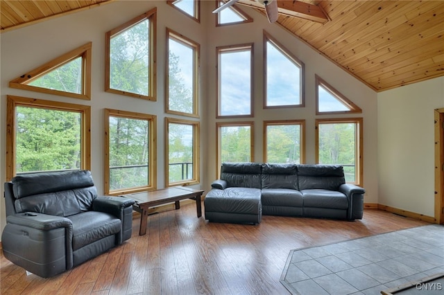 20172 Blue Heron Ln, Alexandria, NY 13607 - living room with wooden ceiling, high vaulted ceiling, ceiling fan, healthy amount of natural light, and hardwood / wood-style floors