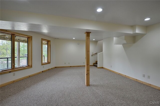 20172 Blue Heron Ln, Alexandria, NY 13607 - below grade area featuring carpet flooring, recessed lighting, baseboards, and stairs