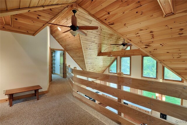 20172 Blue Heron Ln, Alexandria, NY 13607 - corridor featuring wood ceiling, lofted ceiling, baseboards, carpet flooring, and an upstairs landing