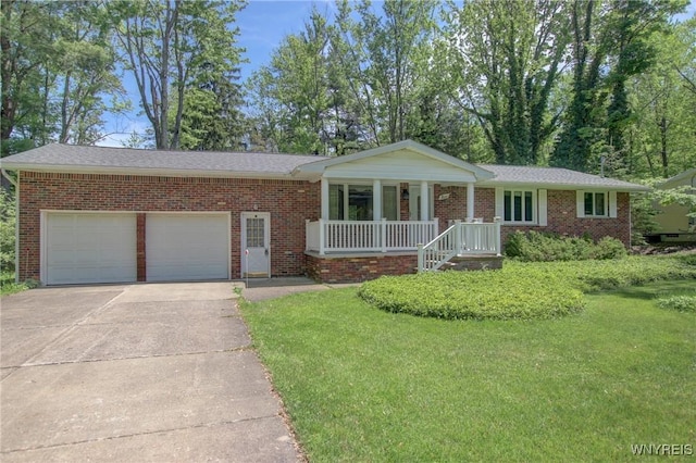 7 Forsythia Ct, Orchard Park, NY 14127 - ranch-style home with driveway, a garage, covered porch, a front lawn, and brick siding