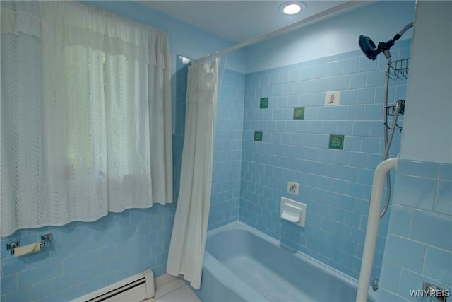 7 Forsythia Ct, Orchard Park, NY 14127 - full bathroom featuring shower / bath combination with curtain, baseboard heating, and tile walls