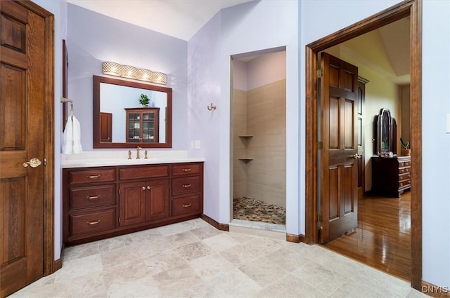 3503 Peterboro Rd, Vernon, NY 13421 - full bathroom featuring vanity, tiled shower, and baseboards
