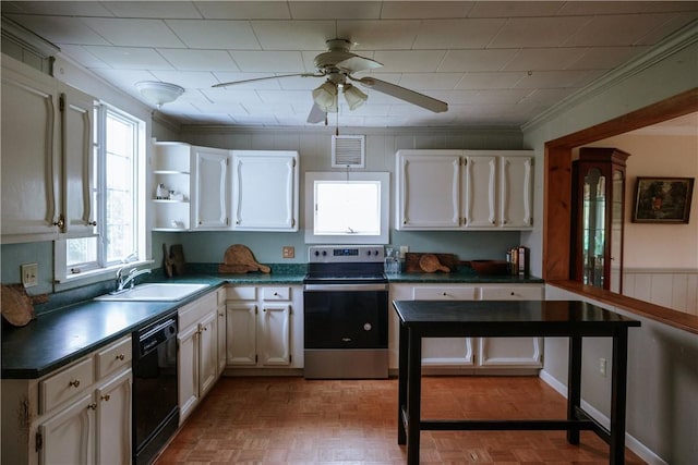 2400 Gladstone Hollow Rd, Andes, NY 13731 - kitchen with stainless steel electric stove, dishwasher, a sink, dark countertops, and ceiling fan