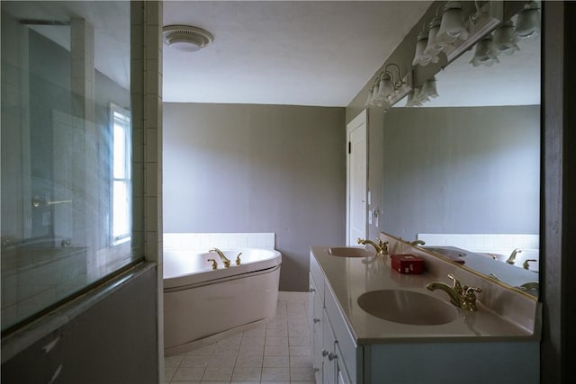 2400 Gladstone Hollow Rd, Andes, NY 13731 - bathroom featuring a garden tub, double vanity, a shower with shower door, and tile patterned floors