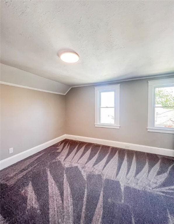 561 Post St, Elmira-City, NY 14904 - carpeted empty room with baseboards, vaulted ceiling, and a textured ceiling