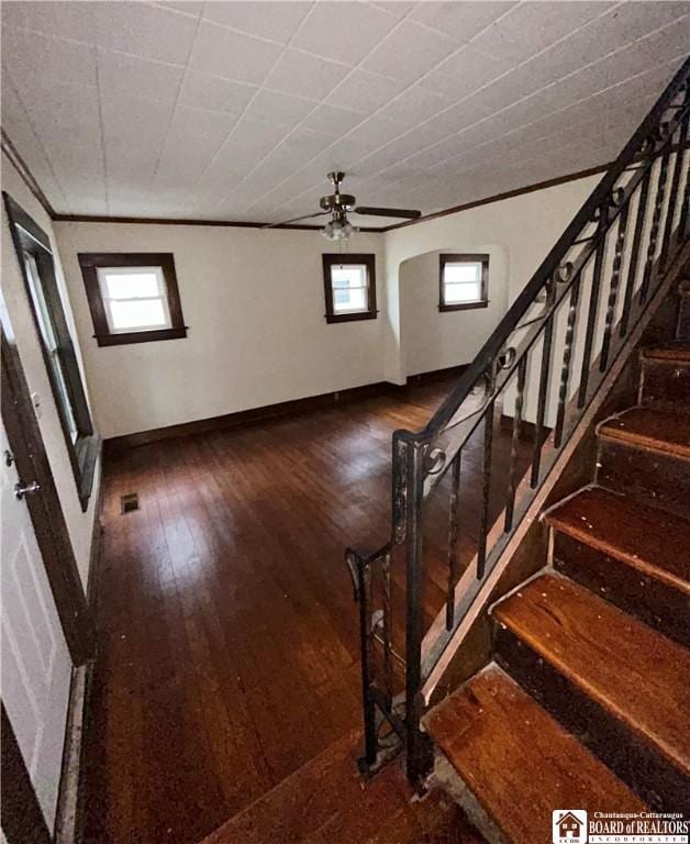 423 Plover St, Dunkirk-City, NY 14048 - stairs with a ceiling fan, wood-type flooring, crown molding, and baseboards