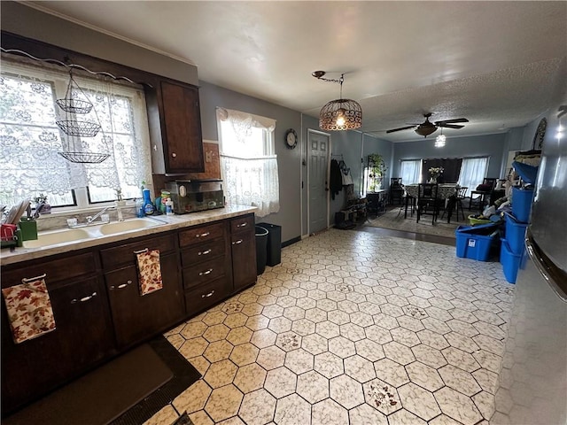 104 Newcomb St, Rochester, NY 14609 - kitchen with light countertops, dark brown cabinetry, ceiling fan, and plenty of natural light