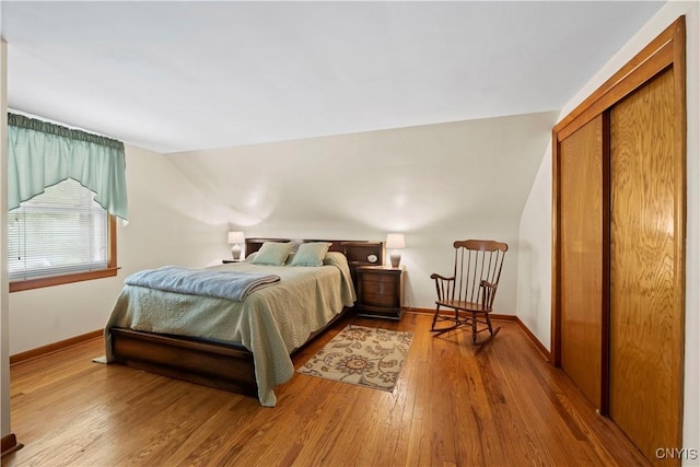 114 E Dauenhauer St, Manlius, NY 13057 - bedroom with wood finished floors, baseboards, a closet, and lofted ceiling