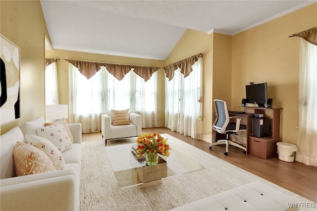 18 Spruce St, Lockport-City, NY 14094 - living area featuring wood finished floors, a desk, vaulted ceiling, and ornamental molding