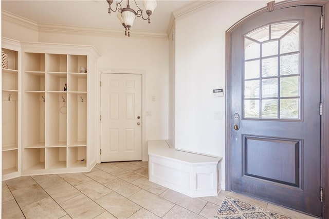 411 Sundance Trl, Webster, NY 14580 - mudroom with ornamental molding, arched walkways, light tile patterned floors, and a chandelier
