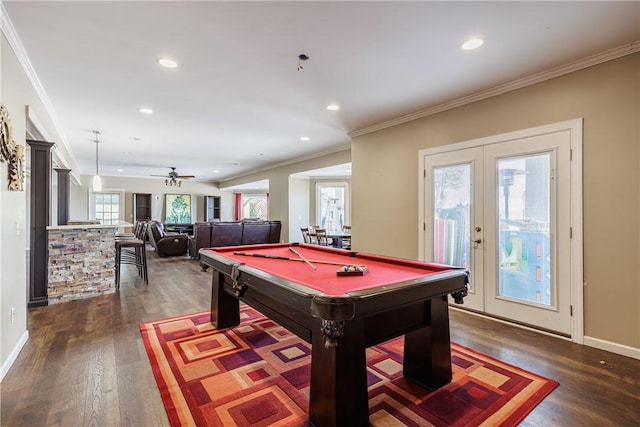 411 Sundance Trl, Webster, NY 14580 - recreation room featuring dark wood finished floors, a ceiling fan, billiards, crown molding, and recessed lighting