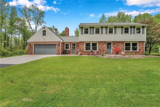1338 Summit Rd, Foster-Town, PA 16744 - colonial home with concrete driveway, a front lawn, a chimney, and an attached garage