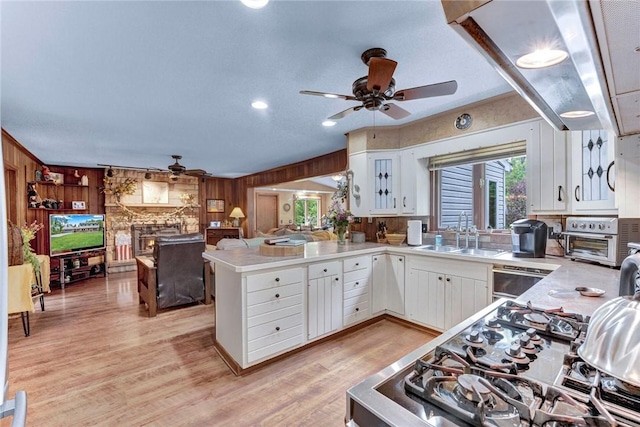 1338 Summit Rd, Foster-Town, PA 16744 - kitchen with ceiling fan, a sink, healthy amount of natural light, white cabinets, and wood walls