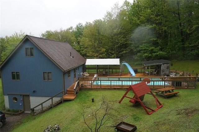 3259 Freer Hollow Rd, Franklin, NY 13856 - view of jungle gym with a wooden deck and a yard