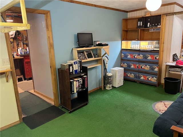 3259 Freer Hollow Rd, Franklin, NY 13856 - recreation room featuring carpet floors, baseboards, and ornamental molding