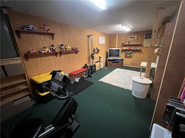 3259 Freer Hollow Rd, Franklin, NY 13856 - exercise room featuring wood walls and carpet flooring