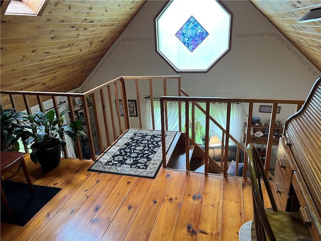 3259 Freer Hollow Rd, Franklin, NY 13856 - staircase with a skylight, wooden ceiling, hardwood / wood-style flooring, and high vaulted ceiling