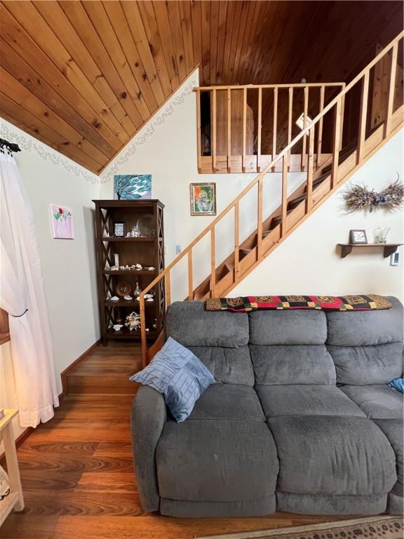 3259 Freer Hollow Rd, Franklin, NY 13856 - living room with vaulted ceiling, wooden ceiling, wood finished floors, and stairway