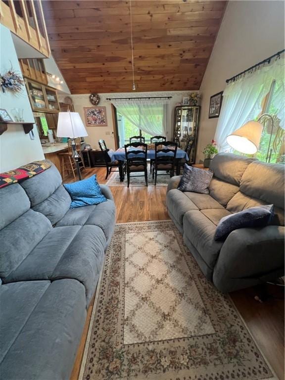 3259 Freer Hollow Rd, Franklin, NY 13856 - living room with wood finished floors, wooden ceiling, and high vaulted ceiling