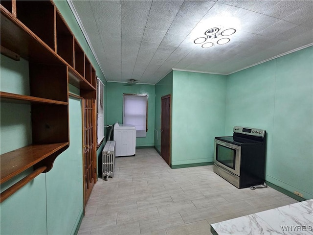 2207 Linwood Ave, Niagara Falls, NY 14305 - kitchen with electric range, radiator, and crown molding