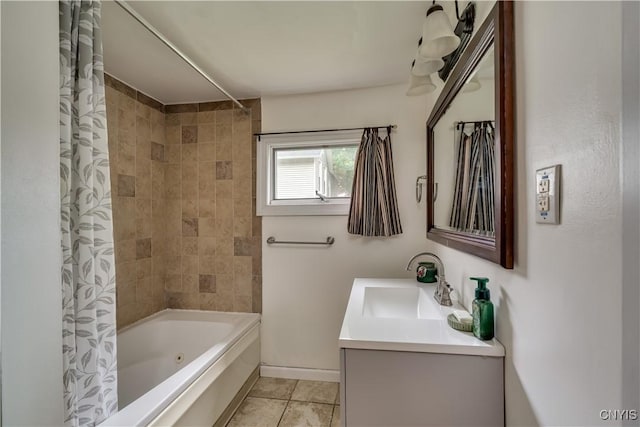 163 Maple St, Le Ray, NY 13612 - bathroom featuring vanity, shower / tub combo with curtain, tile patterned flooring, and baseboards