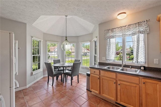 763 Bel Arbor Trl, Webster, NY 14580 - kitchen featuring a sink, freestanding refrigerator, dark countertops, a textured ceiling, and baseboards