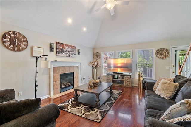763 Bel Arbor Trl, Webster, NY 14580 - living area featuring ceiling fan, hardwood / wood-style floors, a fireplace, high vaulted ceiling, and stairway